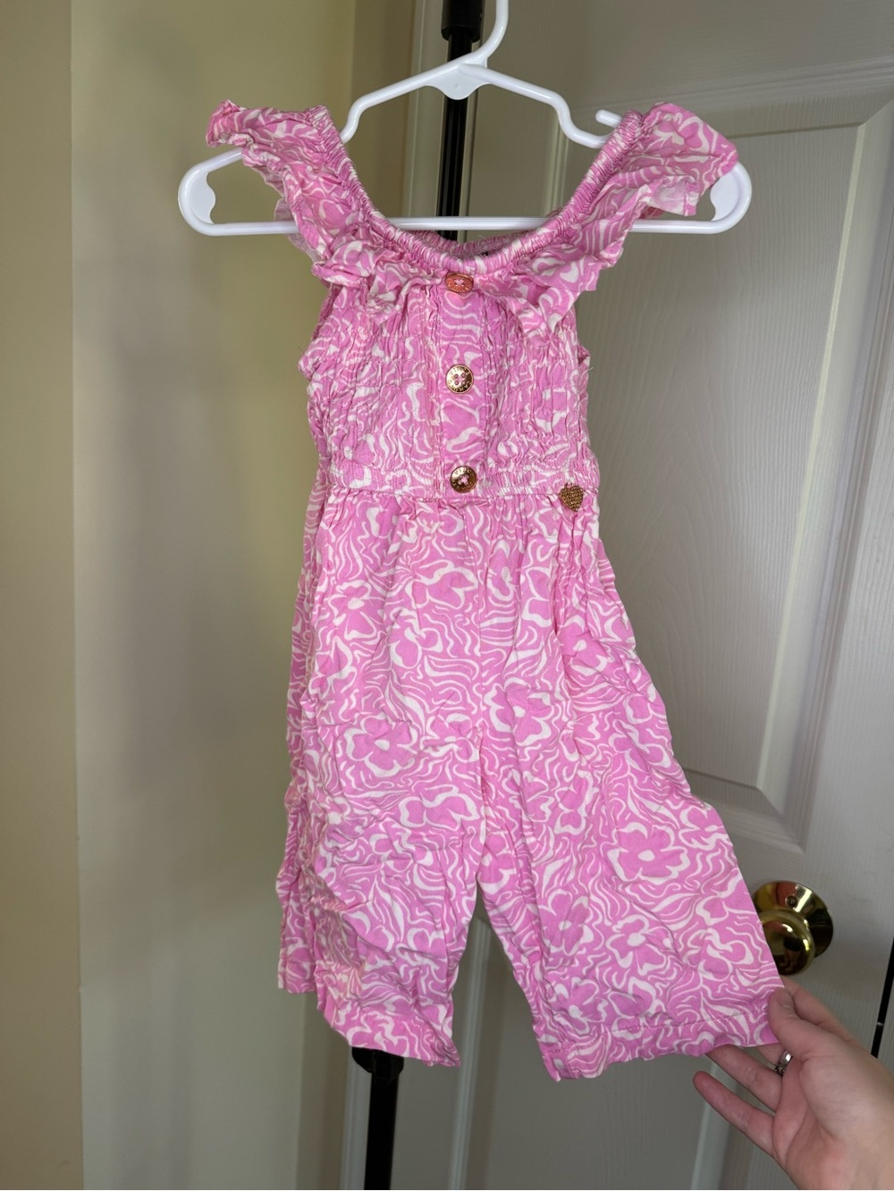 Vince Camuto Pink Floral Ruffle-Shoulder Romper